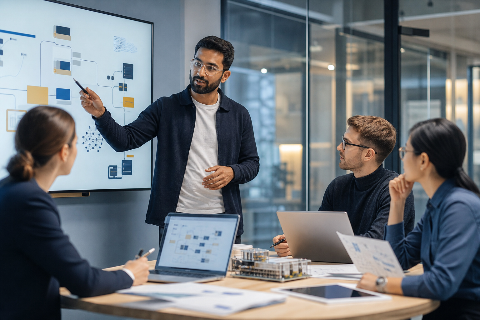 Kleines Team präsentiert ein professionell ausgearbeitetes Projekt in einer SWEX-Hub-Umgebung.